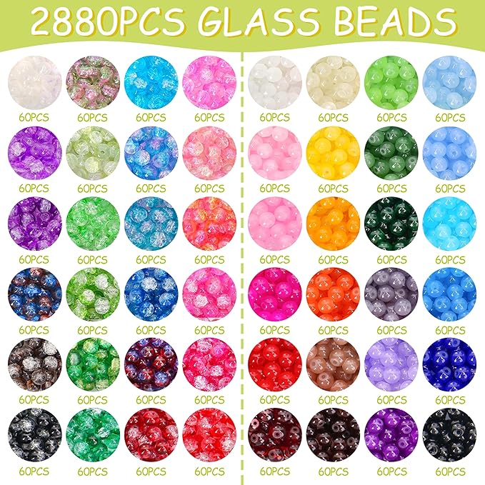 BONNY BOXX 2880 PCs 6mm Round Glass Beads for Jewelry Making, Bulk Crystal Beads in 48 Assorted Colors, Crackle Glass Beads for Bracelets, Necklaces, Earrings, Jewelry Design & DIY Art Projects