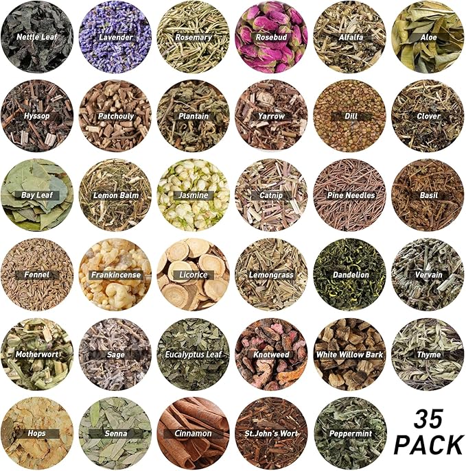 35Pcs Dried Herbs for Witchcraft Supplies, Dried Herb Kit for Witch Beginner, Wiccan, Wicca Altar Supplies, Magic Ritual and Spell, Candle and Soap Making, with Witchy Bell and More