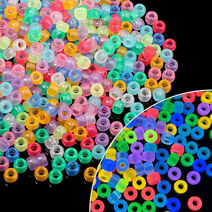 1000Pcs 6x9mm Glow in The Drark Pony Beads for Jewelry Making, 5 Style Color Kandi Hair Beads for Braids, Bracelets Making Kit, with Stretch Cord and Scissors
