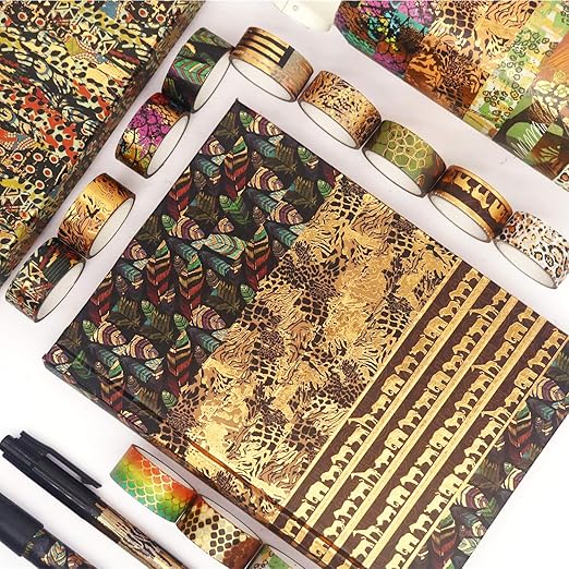 YUBX Wild Animals Washi Tape Set 12 Rolls Gold Foil Print Decorative Masking Tapes for Arts, DIY Crafts, Journals, Planners, Scrapbook, Wrapping (African Migration)