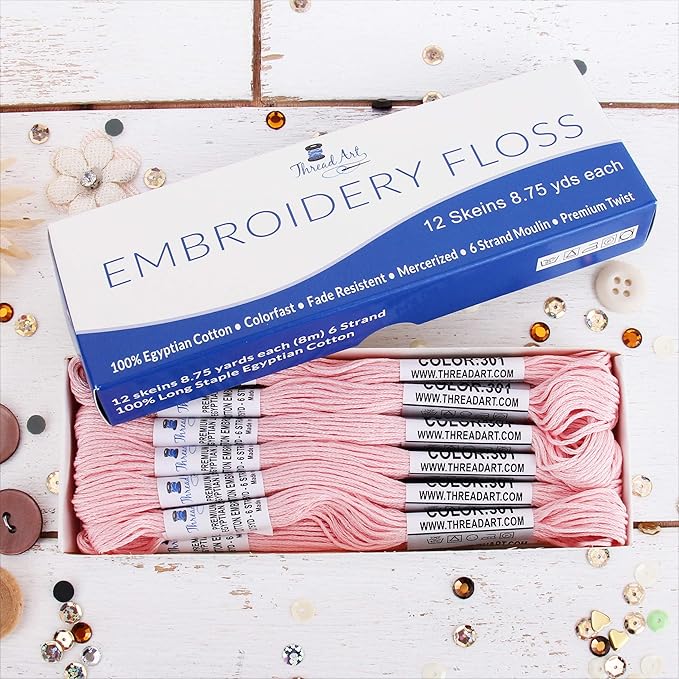 12 Skeins ThreadArt Premium Egyptian Long Fiber Cotton Embroidery Floss | Very Light Pink | 6 Strand Divisible Thread 8.75yds Each for Hand Embroidery, Friendship Bracelets, Cross Stitch and Crafts