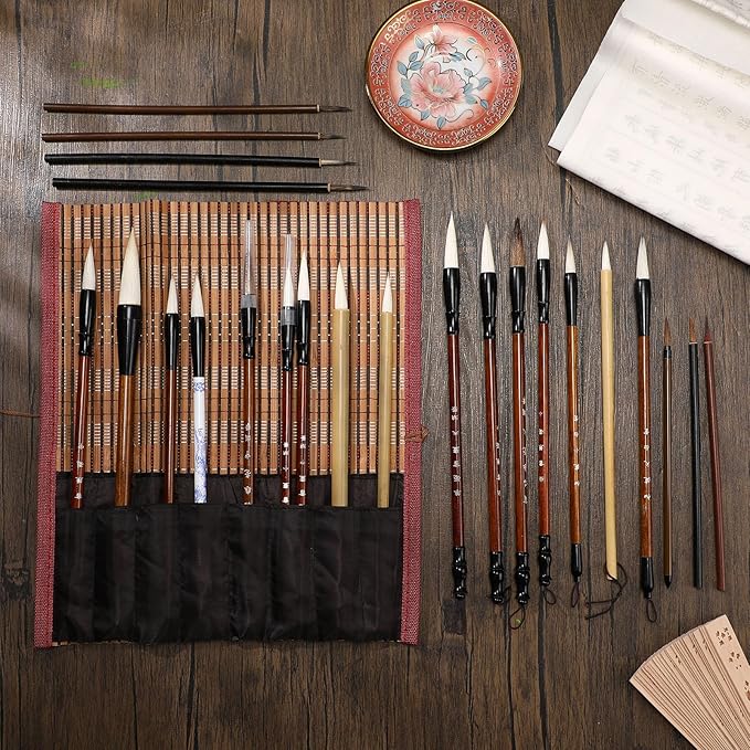 Resurhang 48 Pcs Chinese Calligraphy Brush Set Watercolor Brushes Bulk with Roll up Bamboo Brush Holder Writing Drawing Brushes for Kanji, Japanese Sumi, Drawing, Writing, Painting, Art Supplies