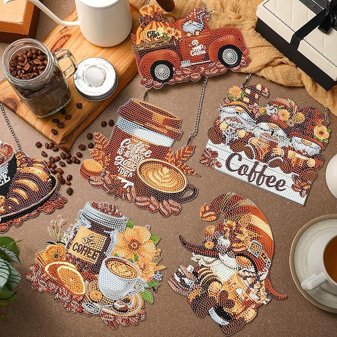 Zonon 6 Pcs Coffee Diamond Painting Hanging Sign Set 5d Diamond Art Hanging Craft Kit DIY Pendant Ornaments Kits Crystal for Adults Gift Coffee House Wall Door Home Restaurant Bar Window Decor