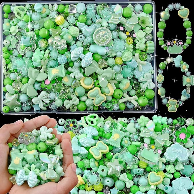 Omiposs 300Pcs Acrylic Beads for Bracelet Making with Cute Kawaii Charms, Beads & Assortments for Friendship Bracelets, Jewelry Making DIY Necklace Keychain Phone Charm Craft Gifts (Green)