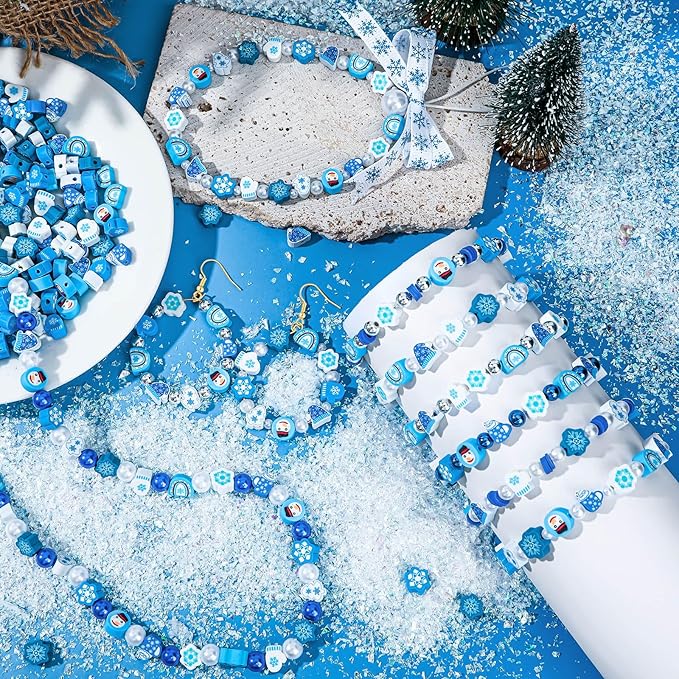 Augshy 300Pcs Winter Beads for Jewelry Making, Winter Blue Polymer Clay Beads Holiday Snowflake Snowman Craft Bead for Bracelets Necklaces Earrings Making Supplies