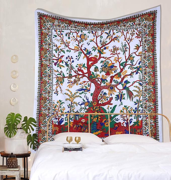 the art box tapestry white tree of life wall hanging – indian cotton twin bedspread, picnic sheet, wall decor, blanket, wall art for bedroom (medium, 60x54 inch)