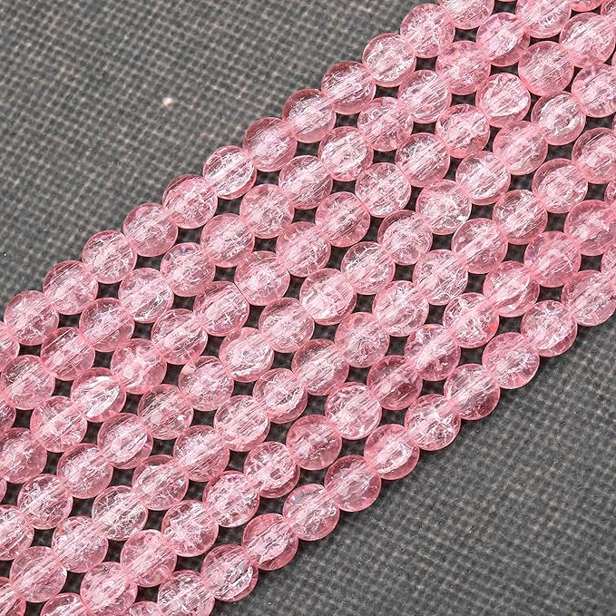 200PCs 8mm Pink Crackle Glass Beads Bulk, Round Smooth Hole Glass Crystal Beads for Jewelry Making, DIY Bracelets, Necklaces, Bag Charms, Keychains and Craft Projects