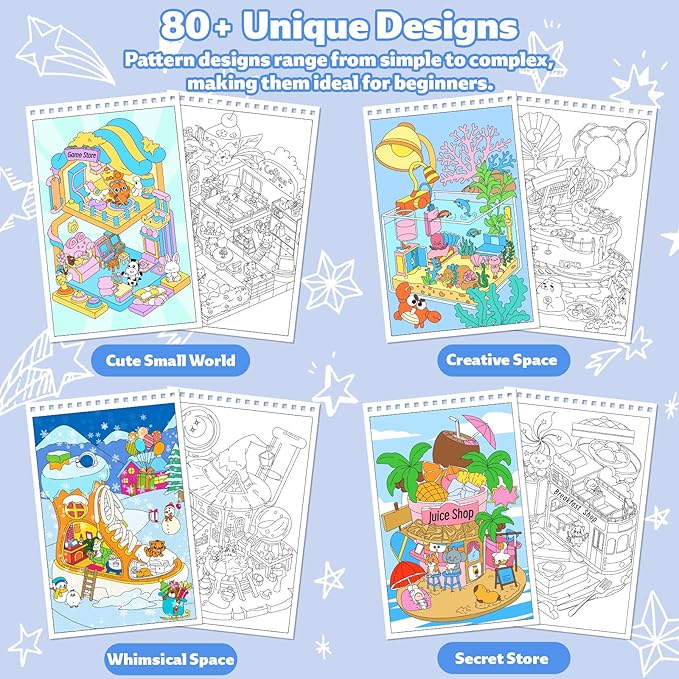 Elfew 4 Set Coloring Books for Teens & Kids 8-12, Stress Relieving & Therapeutic Coloring Book with 80 Cute Patterns, Anxiety Relief & Relaxation for Teens Adult Women