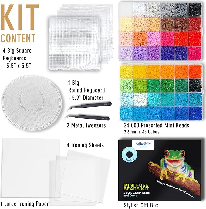 24,000 mini fuse beads kit for adults - 48 colors tiny 2.6mm beads, 5 pegboards, 2 tweezers - compatible with hama, melty, iron craft - bulk storage
