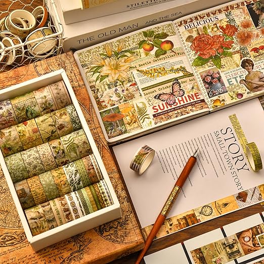 36 Rolls Vintage Washi Tape Pack Retro Arts Adhesive Tapes Wide Chronicle Decorative Masking Tape Sets for Craft, Kids, Scrapbook, DIY, Gift Wrapping (Forest Praise)