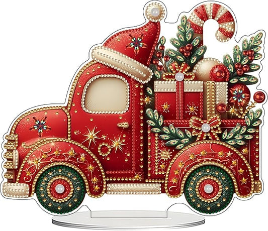 JJFox DIY Tabletop Diamond Art Painting Kit，Double Sided Desktop Ornament Special Shaped Rhinestone Desk Placement Ornament，Home Stand Up Gem Painting Craft Kit，Gift (Christmas Car)