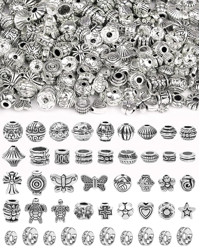 309Pcs FIVEIZERO Antique Silver Spacer Beads for Jewelry Making, Assorted Bulk Styles Tibetan Metal Beads & 6mm, 8mm Rondelle Spacer for Bracelets, Necklace, Earring Jewelry Making