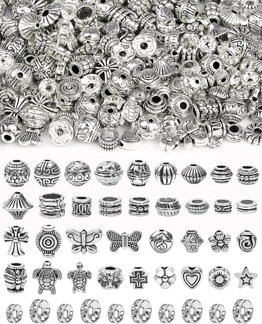 309Pcs FIVEIZERO Antique Silver Spacer Beads for Jewelry Making, Assorted Bulk Styles Tibetan Metal Beads & 6mm, 8mm Rondelle Spacer for Bracelets, Necklace, Earring Jewelry Making