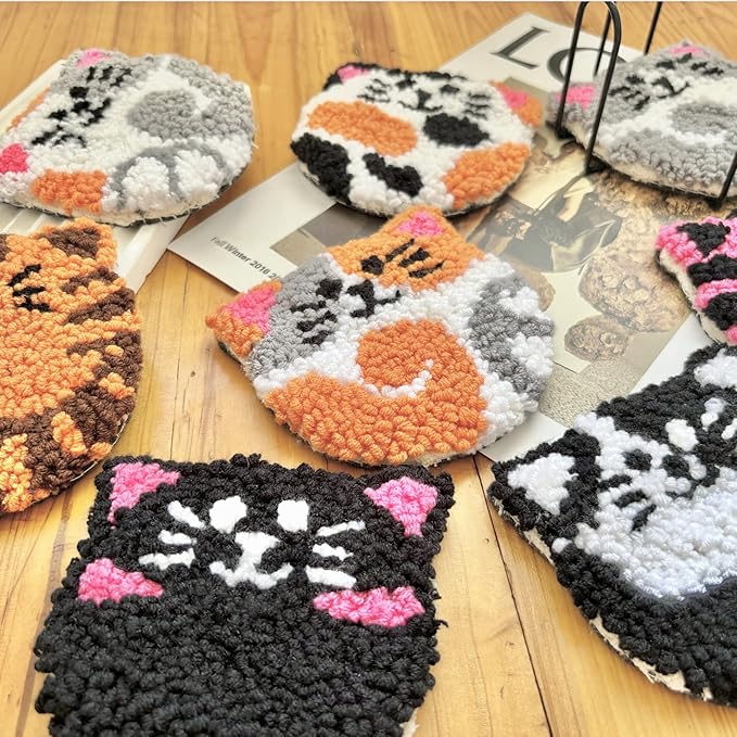 Punch Needle Kit for Beginners Adults Easy Needle Punch Embroidery Tool Set Including Threader Instruction Fabric Hoop Yarn Coaster DIY Making Kit Supplies,Set of 8 Cat Cute Pet Art Crafts Gifts