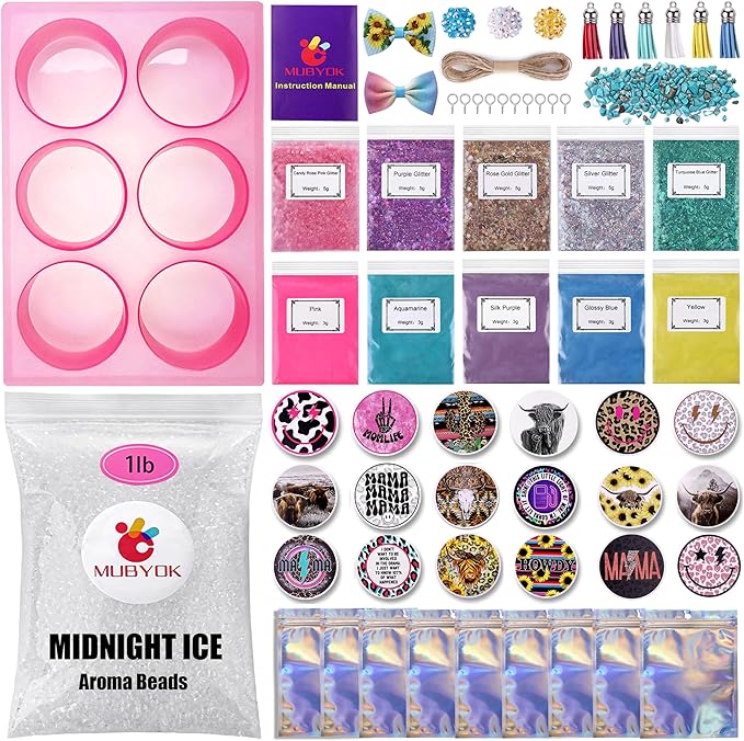 MUBYOK M421 Car Freshie Supplies Starter Kit with 1LB Scented Aroma Beads,3 inch Circle Silicone Molds and CardStock(Make 9 Freshies)