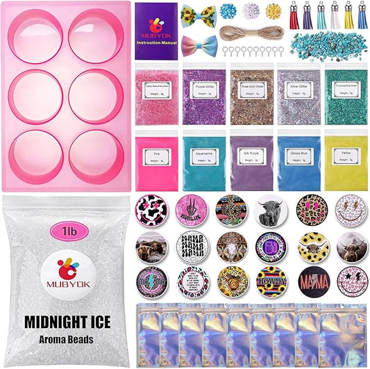 MUBYOK M421 Car Freshie Supplies Starter Kit with 1LB Scented Aroma Beads,3 inch Circle Silicone Molds and CardStock(Make 9 Freshies)