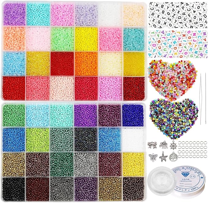 38500 Pcs 2mm Glass Seed Beads Jewelry Making Kit - 260 Alphabet Letter Beads, 48 Colors | Complete DIY Set with Elastic String, Charms & Jump Rings for Bracelets, Crafts & Handmade Art