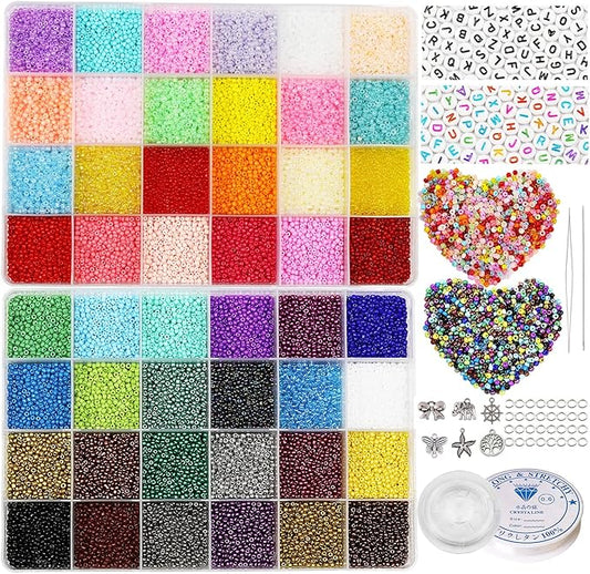 38500 Pcs 2mm Glass Seed Beads Jewelry Making Kit - 260 Alphabet Letter Beads, 48 Colors | Complete DIY Set with Elastic String, Charms & Jump Rings for Bracelets, Crafts & Handmade Art