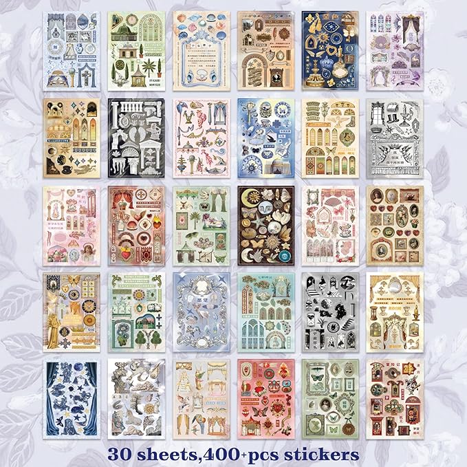 Aesthetic Die-Cut Sticker Book - 30 Sheets Matte & Tactile Finish Vintage Journaling Scrapbooking Supplies for Adults & Crafts