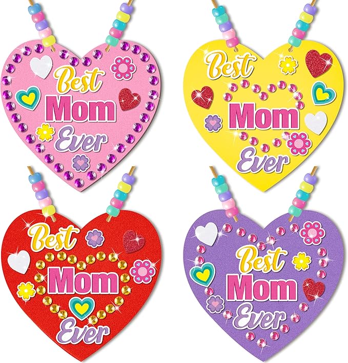 BeYumi Mom Necklace Craft Kit - 24Pcs Mother's Day DIY Foam Heart Best Mom Ever Necklace Making Kit With Gem Sticker DIY Thank You Craft for Kid Home School Classroom Family Party Favor Fun Activities