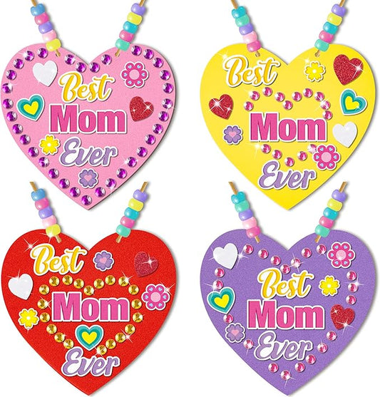BeYumi Mom Necklace Craft Kit - 24Pcs Mother's Day DIY Foam Heart Best Mom Ever Necklace Making Kit With Gem Sticker DIY Thank You Craft for Kid Home School Classroom Family Party Favor Fun Activities