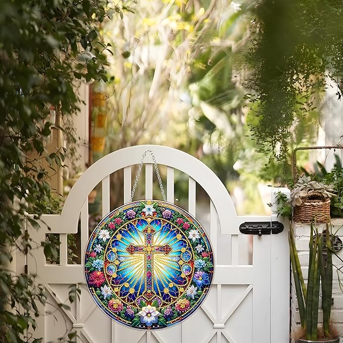 DIY Acrylic Diamond Art Painting Wreath Kits Special Shaped Rhinestone 5D Diamond Art Window Pendants Home Garden Wall Hanging Kits Hanging Ornament (Cross-2)
