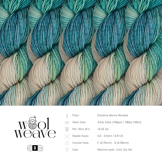 Superwash Merino Wool Yarn for Knitting & Crocheting - Hand Dyed Blue & Green Variegated Yarn, 100gr, 240 Yards, Dk Weight - Luxurious, Soft & Durable