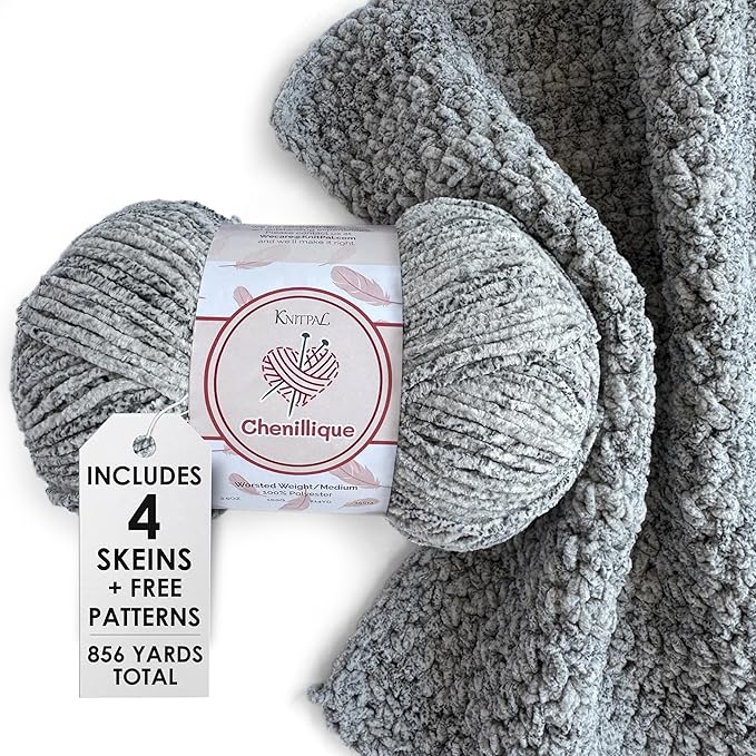 Chenillique Velvet Chenille Yarn for Crocheting, 4-Pack (856Yds / 400G), Free Patterns, Beginners Friendly - Soft Baby Yarn for Knitting Baby Blanket - #4 Medium Worsted Weight - Ocean Mist