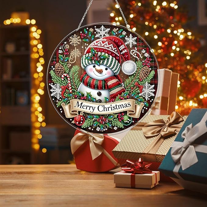 JJFox DIY Acrylic Diamond Art Painting Wreath Kits Special Shaped Rhinestone Diamond Art Window Pendants Home Garden Wall Hanging Kits Hanging Ornament (Merry Christmas Snowman)