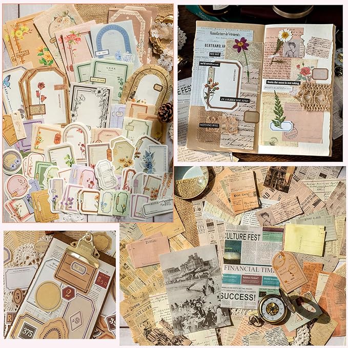 400PCS Scrapbook Supplies Kit Junk Journal Supplies Vintage Scrapbook Paper Decorative Craft Paper for Bullet Junk Journals Card Making Craft DIY