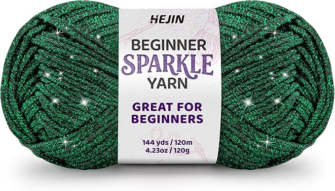 120g Green Sparkle Yarn for Crocheting and Knitting; 120m(144yds) for Beginners with Easy-to-See Stitches; Worsted-Weight Medium #4; Yarn for Beginners Crochet Kit Making