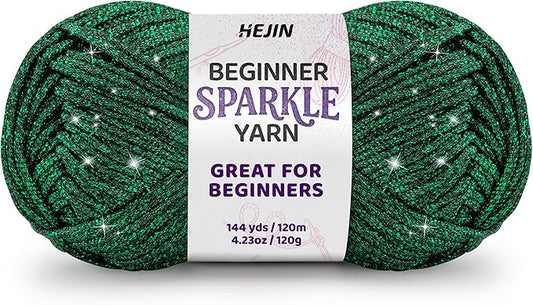 120g Green Sparkle Yarn for Crocheting and Knitting; 120m(144yds) for Beginners with Easy-to-See Stitches; Worsted-Weight Medium #4; Yarn for Beginners Crochet Kit Making