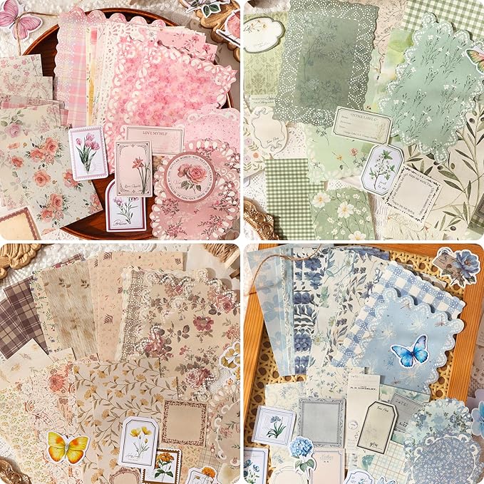 400 Pcs Floral Scrapbook Paper & Stickers, 4 Packs Scrapbook Supplies Kit, Junk Journal Scrapbooking Paper for Journaling, Scrapbooking Embellishments, Planner, Card Making