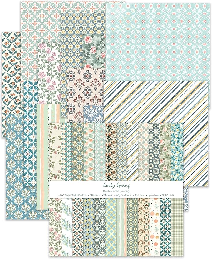 24 Sheets Scrapbook Paper 12" Double-Sided Photo Backdrop Bohemian Patterned (Floral Design K)