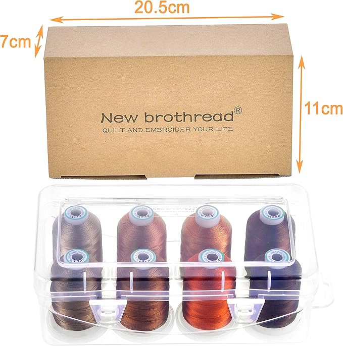 New brothread - 20 Options - 8 Snap Spools of 1000m Each Polyester Embroidery Machine Thread with Clear Plastic Storage Box for Embroidery & Quilting - Different Brown
