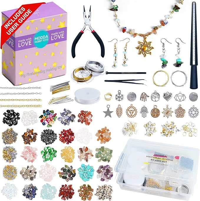 MODDA Natural Stone Jewelry Making Kit - Includes Crystal, Chip Beads, Necklace, Bracelet, Earrings, Ring Making Supplies, Crafts for Adults, Beginners, Christmas Gift for Teens, Girls, Women, Moms