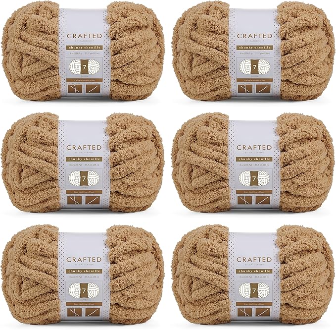 Crafted By Catherine Chunky Chenille Yarn - 6 Pack (8 oz / 227 g, 31.7 Yards Each Skein), Khaki, Gauge 7 Jumbo