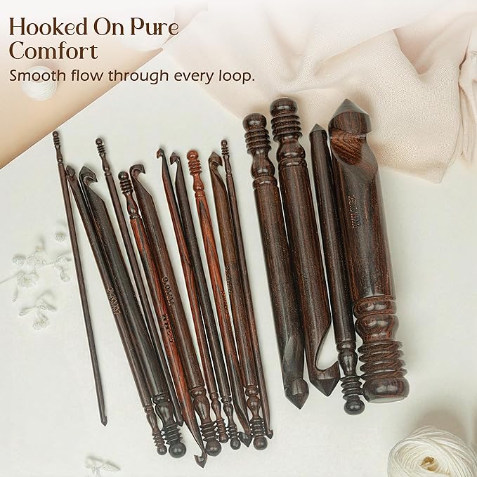 Ergonomic Crochet Sets - Wooden Crochet Hook, Crochet Kit for Beginners, Gifts for Crocheters (Set of 15)