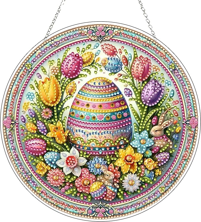 DIY Acrylic Diamond Art Painting Wreath Kits Special Shaped Rhinestone 5D Diamond Art Window Pendants Home Garden Wall Hanging Kits Hanging Ornament (Easter Egg)