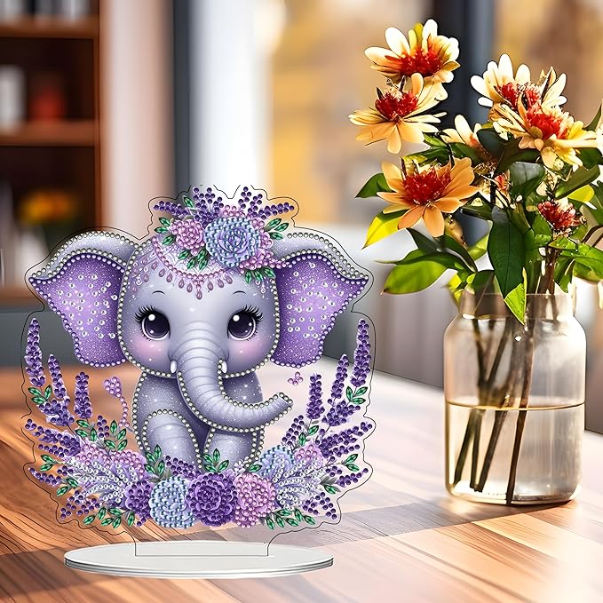 JJFox DIY Tabletop Diamond Art Painting Kit，Desktop Ornament Special Shaped Rhinestone Desk Placement Ornament，Home Stand Up Gem Painting Craft Kit Gift Double Sided (Elephant Calf)
