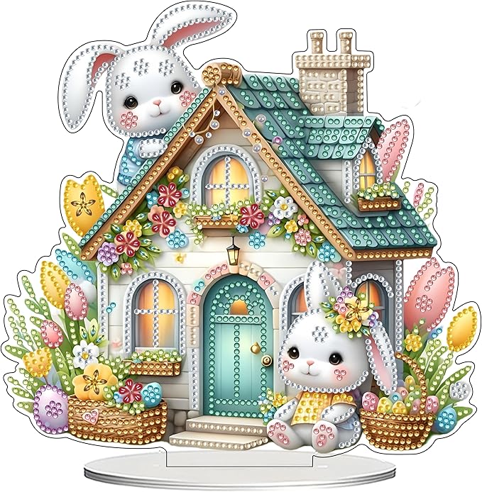 JJFox DIY Tabletop Diamond Art Painting Kit，Special Shaped Rhinestone Desk Placement Ornament，Home Stand Up Gem Painting Craft Kit，Gift,Double Sided. (Easter House)
