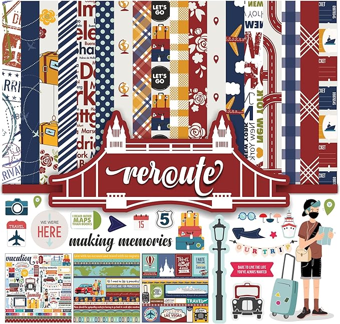 Inkdotpot Travel Collection Double,Sided Scrapbook Paper Kit Cardstock 12"x12" Card Making Paper Pack of with Sticker Sheet - 16 Pages - Multicolor