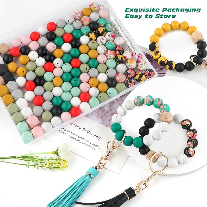 Sunrony 150pcs Silicone Beads for Keychain Making Bracelet Decoration and 15mm Silicone Beads for Pens (Floral)