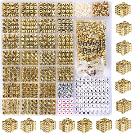 Gold Letter Beads - 1650Pcs Round Acrylic Letter Beads with Extra Vowels, Numbers & Spacers - Ideal for Jewelry, Necklaces & Friendship Bracelets