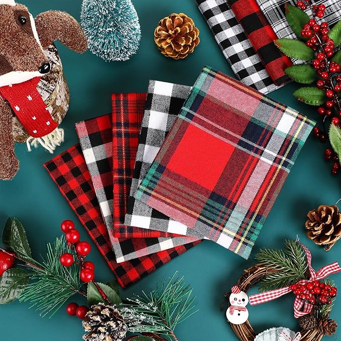 Tatuo 12 Pieces Christmas Fat Fabric Bundles Buffalo Plaid Fat Quarters Cotton Fabric Square Bundles 19.5 x 15.7 Inch Charm Yarn-Dyed Checked Quilting for DIY Crafting Sewing(Simple Style)