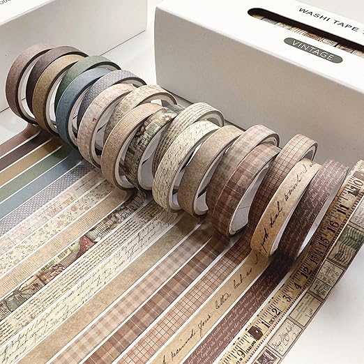 YUBX Vintage Washi Tape Set 20 Rolls Skinny Retro Decorative Antique Patterns Masking Tapes for Arts, DIY Crafts, Journals, Planners, Scrapbook, Wrapping (Vintage)