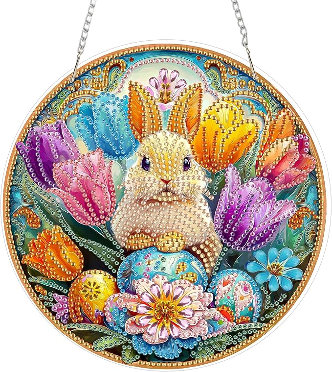 MAXBYE Easter Diamond Art Painting Kits Hanging Cute Rabbit Pendant, DIY 5D Special Shaped Tulips Gem Art Craft Diamond Dots for Adults and Home Window Door Decor 8×12Inch