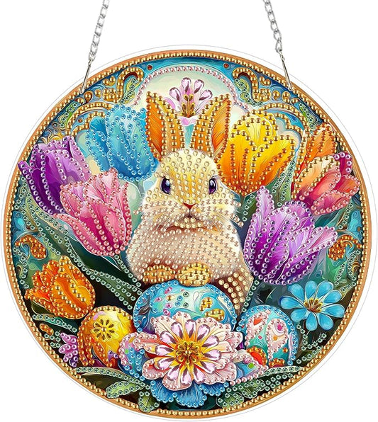 MAXBYE Easter Diamond Art Painting Kits Hanging Cute Rabbit Pendant, DIY 5D Special Shaped Tulips Gem Art Craft Diamond Dots for Adults and Home Window Door Decor 8×12Inch