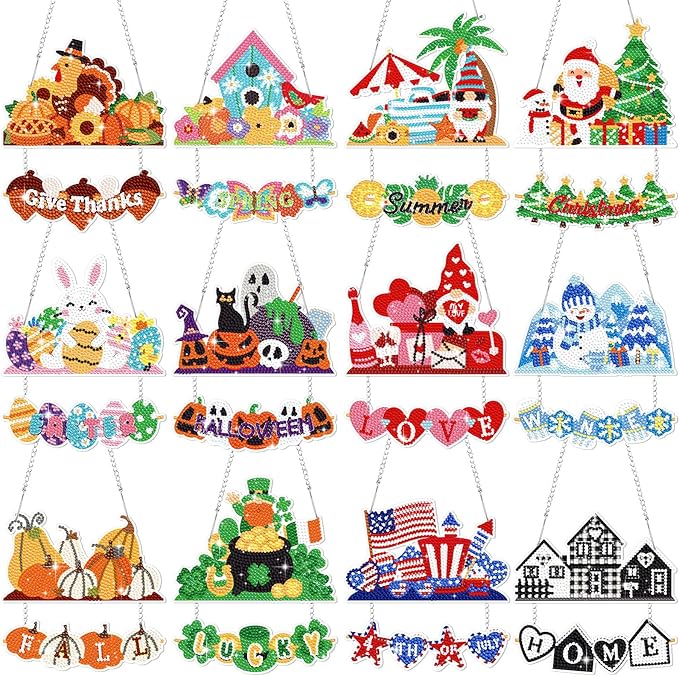 Cinnvoice 12 Pcs Seasonal Diamond Art Wreath Kits Holiday 5d DIY Diamond Art Hanging Signs Winter Spring Ornaments for Wall Door Decoration(Holiday)