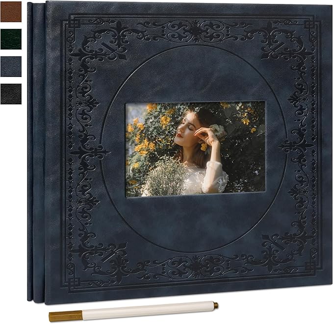 Vienrose Self Adhesive Faux Leather Photo Album with Window DIY Scrapbook Kit for 4x6 5x7 8x10 Pictures, Memory Book for Baby Kids Wedding Journal School Polaroid, 30 Sheets(60 Pages) Navy Blue